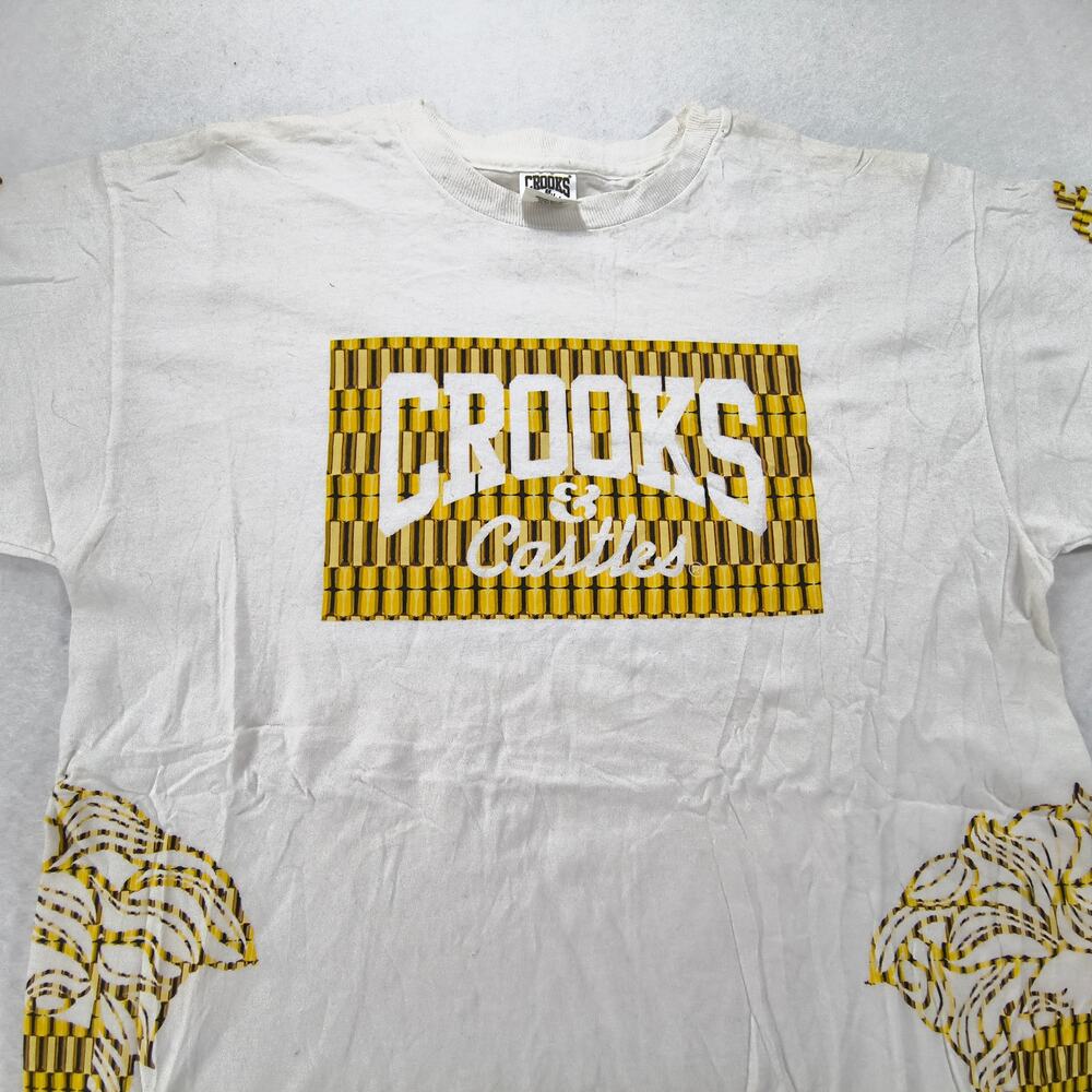 Crooks and Castles Crew Neck Short Sleeve Band T Shirt Mens Size M White Yellow